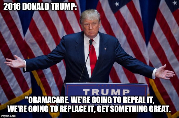 Donald Trump | 2016 DONALD TRUMP: "OBAMACARE. WE'RE GOING TO REPEAL IT, WE'RE GOING TO REPLACE IT, GET SOMETHING GREAT. | image tagged in donald trump | made w/ Imgflip meme maker
