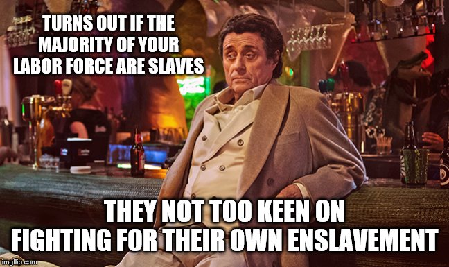 TURNS OUT IF THE MAJORITY OF YOUR LABOR FORCE ARE SLAVES THEY NOT TOO KEEN ON FIGHTING FOR THEIR OWN ENSLAVEMENT | made w/ Imgflip meme maker