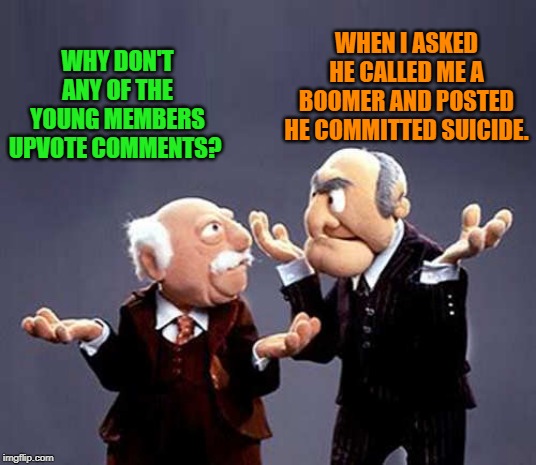 I dont get it! | WHEN I ASKED HE CALLED ME A BOOMER AND POSTED HE COMMITTED SUICIDE. WHY DON'T ANY OF THE YOUNG MEMBERS UPVOTE COMMENTS? | image tagged in statler and waldorf,younguns,upvote comments | made w/ Imgflip meme maker