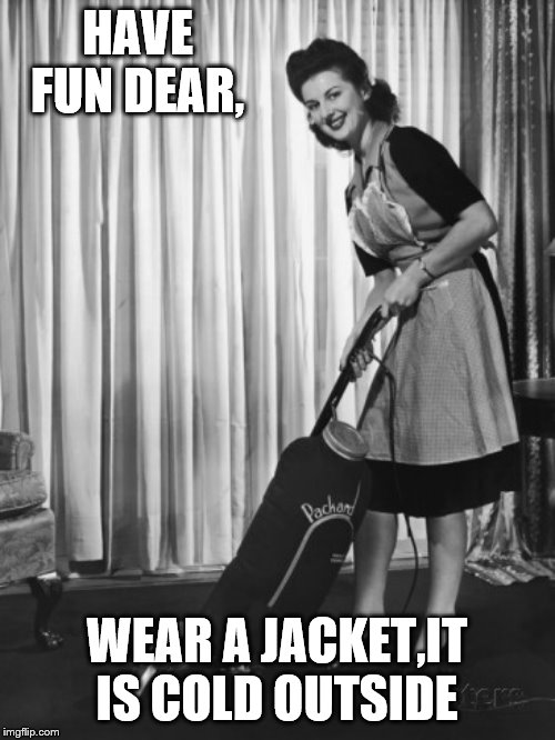 50's Housework | HAVE FUN DEAR, WEAR A JACKET,IT IS COLD OUTSIDE | image tagged in 50's housework | made w/ Imgflip meme maker