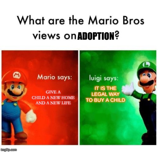Mario says Luigi says | ADOPTION; IT IS THE LEGAL WAY TO BUY A CHILD; GIVE A CHILD A NEW HOME AND A NEW LIFE | image tagged in mario says luigi says | made w/ Imgflip meme maker