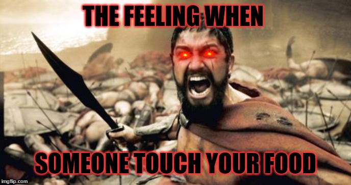 Sparta Leonidas | THE FEELING WHEN; SOMEONE TOUCH YOUR FOOD | image tagged in memes,sparta leonidas | made w/ Imgflip meme maker