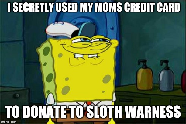 Don't You Squidward Meme | I SECRETLY USED MY MOMS CREDIT CARD; TO DONATE TO SLOTH WARNESS | image tagged in memes,dont you squidward | made w/ Imgflip meme maker