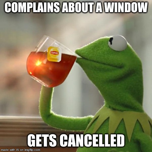 But That's None Of My Business Meme | COMPLAINS ABOUT A WINDOW; GETS CANCELLED | image tagged in memes,but thats none of my business,kermit the frog | made w/ Imgflip meme maker
