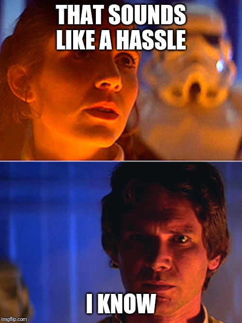 leia i love you han i know | THAT SOUNDS LIKE A HASSLE; I KNOW | image tagged in leia i love you han i know | made w/ Imgflip meme maker