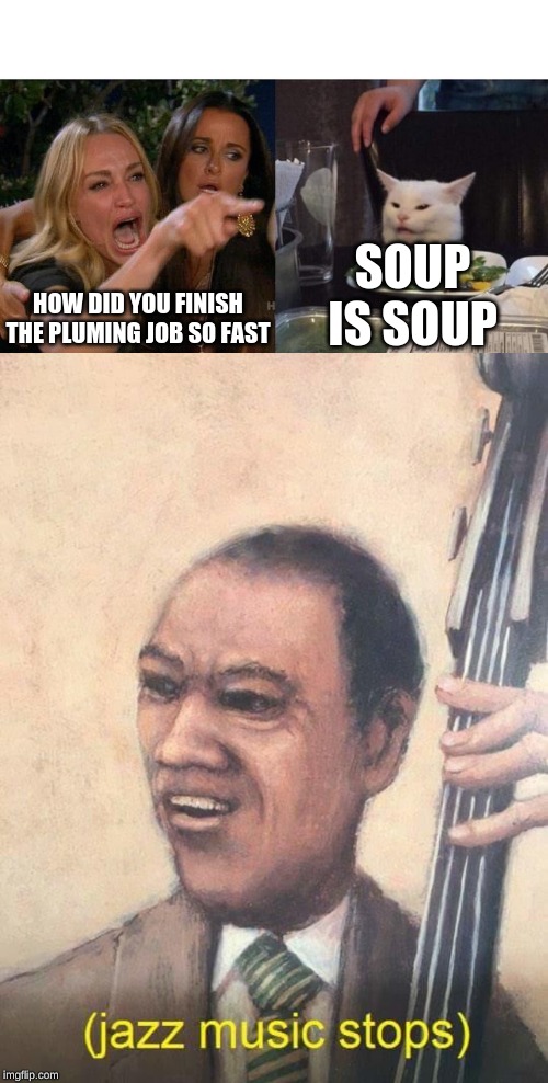 SOUP IS SOUP; HOW DID YOU FINISH THE PLUMING JOB SO FAST | image tagged in jazz music stops | made w/ Imgflip meme maker