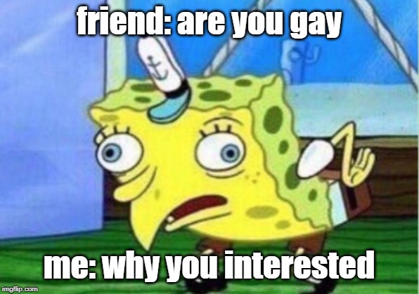 Mocking Spongebob | friend: are you gay; me: why you interested | image tagged in memes,mocking spongebob | made w/ Imgflip meme maker