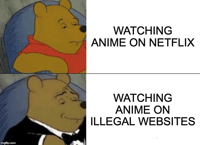 Tuxedo Winnie The Pooh Meme | WATCHING ANIME ON NETFLIX; WATCHING ANIME ON ILLEGAL WEBSITES | image tagged in memes,tuxedo winnie the pooh | made w/ Imgflip meme maker