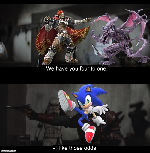1000000000000000000 IQ when I play as Sonic | image tagged in four to one,super smash bros,sonic the hedgehog,ganondorf,metroid | made w/ Imgflip meme maker