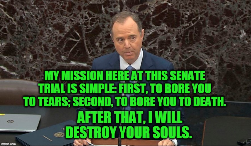 The Grim Reaper of the Senate | MY MISSION HERE AT THIS SENATE TRIAL IS SIMPLE: FIRST, TO BORE YOU TO TEARS; SECOND, TO BORE YOU TO DEATH. AFTER THAT, I WILL DESTROY YOUR SOULS. | image tagged in adam schiff,trump impeachment trial | made w/ Imgflip meme maker