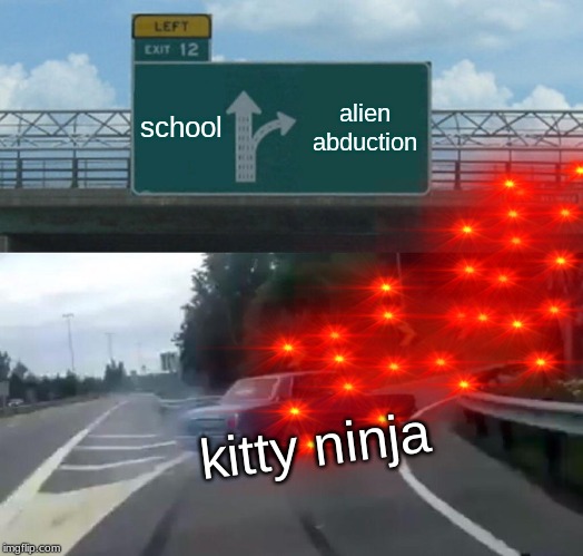area 51 be like | school; alien abduction; kitty ninja | image tagged in memes,left exit 12 off ramp,funy | made w/ Imgflip meme maker