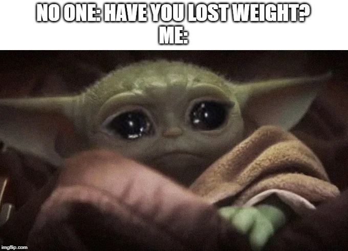 Crying Baby Yoda | NO ONE: HAVE YOU LOST WEIGHT?
ME: | image tagged in crying baby yoda | made w/ Imgflip meme maker