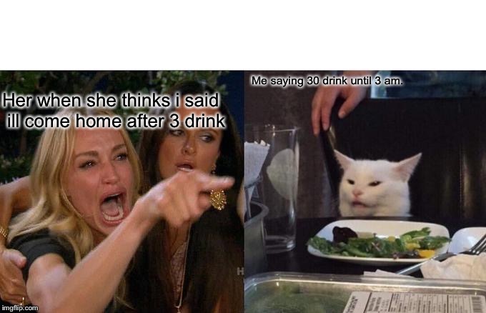 Woman Yelling At Cat | Me saying 30 drink until 3 am. Her when she thinks i said  ill come home after 3 drink | image tagged in memes,woman yelling at cat | made w/ Imgflip meme maker