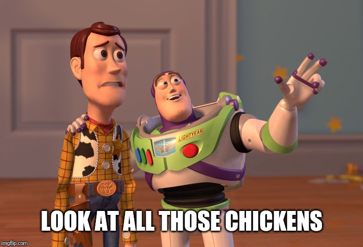 X, X Everywhere |  LOOK AT ALL THOSE CHICKENS | image tagged in memes,x x everywhere | made w/ Imgflip meme maker