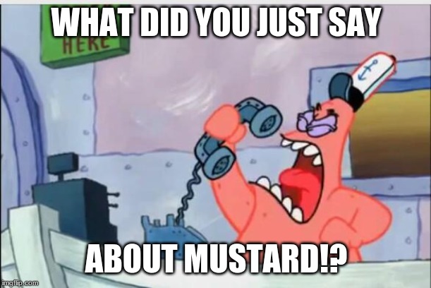 NO THIS IS PATRICK | WHAT DID YOU JUST SAY; ABOUT MUSTARD!? | image tagged in no this is patrick | made w/ Imgflip meme maker