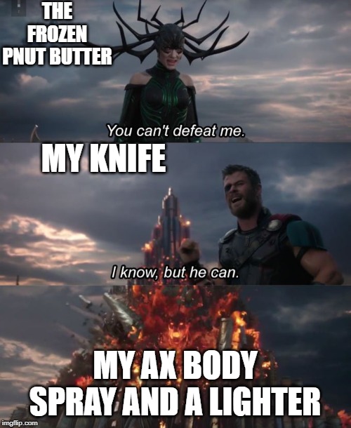 You can't defeat me | THE FROZEN PNUT BUTTER; MY KNIFE; MY AX BODY SPRAY AND A LIGHTER | image tagged in you can't defeat me | made w/ Imgflip meme maker