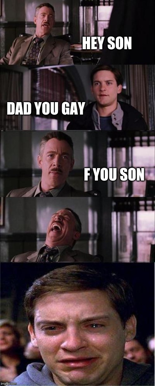 Peter Parker Cry Meme | HEY SON; DAD YOU GAY; F YOU SON | image tagged in memes,peter parker cry | made w/ Imgflip meme maker