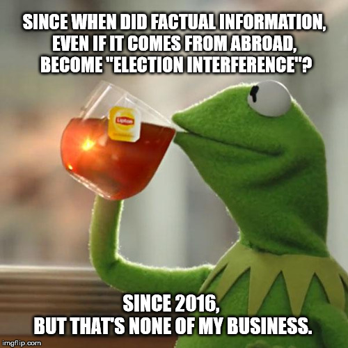 If the media turns up dirt on a candidate, is that election interference? | SINCE WHEN DID FACTUAL INFORMATION, 
EVEN IF IT COMES FROM ABROAD, 
BECOME "ELECTION INTERFERENCE"? SINCE 2016, 
BUT THAT'S NONE OF MY BUSINESS. | image tagged in memes,but thats none of my business,elections,trump impeachment,maga | made w/ Imgflip meme maker