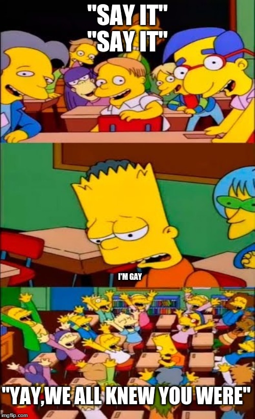 say the line bart! simpsons | ''SAY IT'' ''SAY IT''; I'M GAY; ''YAY,WE ALL KNEW YOU WERE'' | image tagged in say the line bart simpsons | made w/ Imgflip meme maker