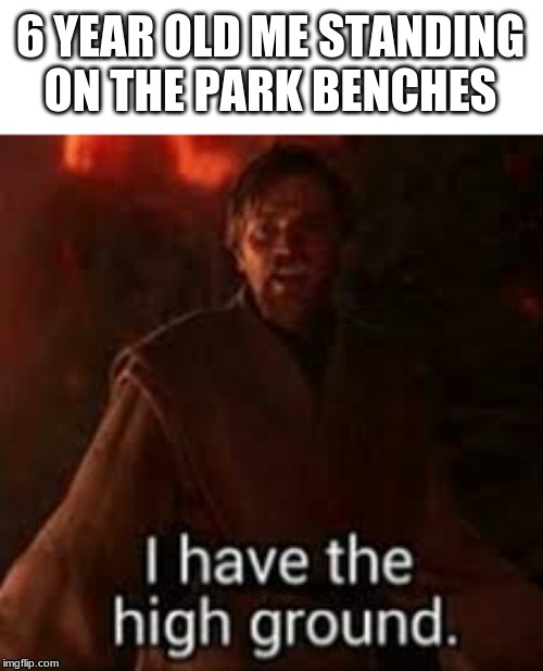 High | 6 YEAR OLD ME STANDING ON THE PARK BENCHES | image tagged in high ground,star,wars,idk,tag | made w/ Imgflip meme maker