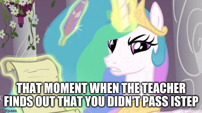 my little pony you failed the ap exam | THAT MOMENT WHEN THE TEACHER FINDS OUT THAT YOU DIDN'T PASS ISTEP | image tagged in my little pony you failed the ap exam | made w/ Imgflip meme maker