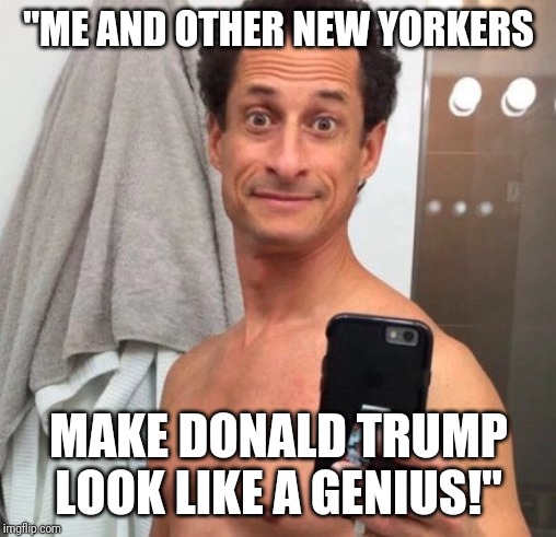 Anthony Weiner | "ME AND OTHER NEW YORKERS; MAKE DONALD TRUMP LOOK LIKE A GENIUS!" | image tagged in anthony weiner,trump,haters,child molester | made w/ Imgflip meme maker