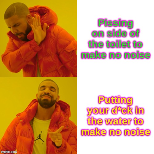 Drake Hotline Bling | Pissing on side of the toilet to make no noise; Putting your d*ck in the water to make no noise | image tagged in memes,drake hotline bling | made w/ Imgflip meme maker