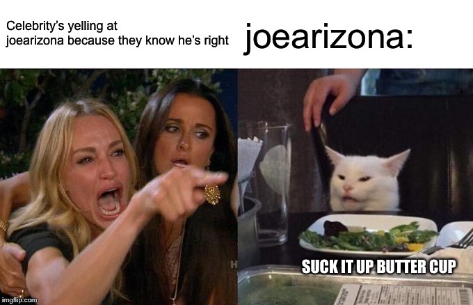 Woman Yelling At Cat Meme | Celebrity’s yelling at joearizona because they know he’s right joearizona: SUCK IT UP BUTTER CUP | image tagged in memes,woman yelling at cat | made w/ Imgflip meme maker