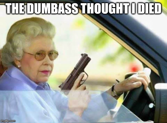 Old Lady With Gun | THE DUMBASS THOUGHT I DIED | image tagged in old lady with gun | made w/ Imgflip meme maker