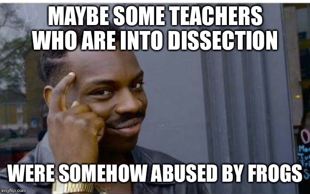 Some teachers... | MAYBE SOME TEACHERS WHO ARE INTO DISSECTION; WERE SOMEHOW ABUSED BY FROGS | image tagged in logic thinker,teachers,school,frogs | made w/ Imgflip meme maker