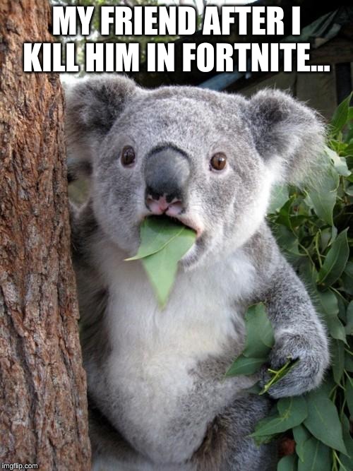my name in fortnite is Xsnipper1 | MY FRIEND AFTER I KILL HIM IN FORTNITE... | image tagged in memes,surprised koala | made w/ Imgflip meme maker