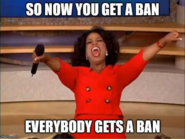 Oprah You Get A Meme | SO NOW YOU GET A BAN EVERYBODY GETS A BAN | image tagged in memes,oprah you get a | made w/ Imgflip meme maker