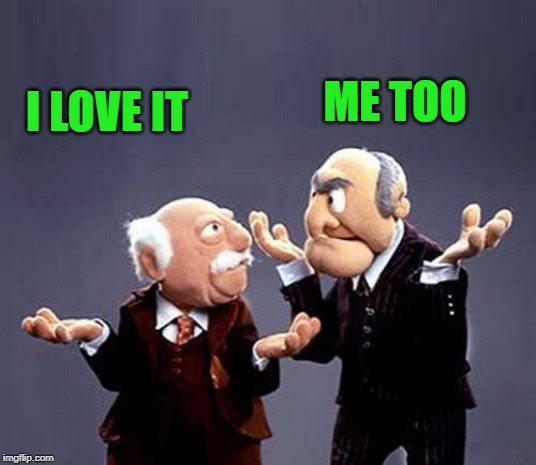 statler and waldorf | I LOVE IT ME TOO | image tagged in statler and waldorf | made w/ Imgflip meme maker