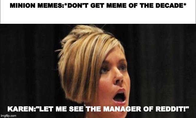 karen memes | MINION MEMES:*DON'T GET MEME OF THE DECADE*; KAREN:"LET ME SEE THE MANAGER OF REDDIT!" | image tagged in karen | made w/ Imgflip meme maker