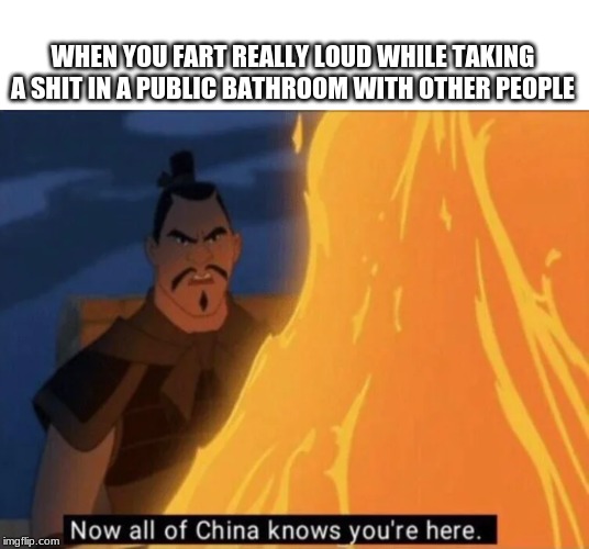 Now all of China knows you're here | WHEN YOU FART REALLY LOUD WHILE TAKING A SHIT IN A PUBLIC BATHROOM WITH OTHER PEOPLE | image tagged in now all of china knows you're here | made w/ Imgflip meme maker