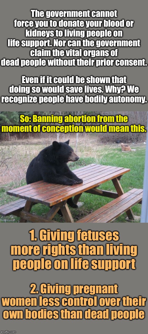If you want to ban abortion, then you’re giving the government a much stronger basis for using your body to “save lives.” | The government cannot force you to donate your blood or kidneys to living people on life support. Nor can the government claim the vital organs of dead people without their prior consent. Even if it could be shown that doing so would save lives. Why? We recognize people have bodily autonomy. So: Banning abortion from the moment of conception would mean this. 1. Giving fetuses more rights than living people on life support; 2. Giving pregnant women less control over their own bodies than dead people | image tagged in bear table,organ,abortion,pro-choice,government,women's rights | made w/ Imgflip meme maker