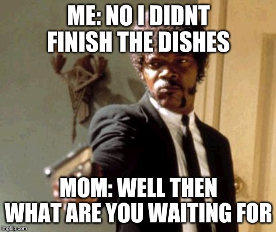 Say That Again I Dare You | ME: NO I DIDNT FINISH THE DISHES; MOM: WELL THEN WHAT ARE YOU WAITING FOR | image tagged in memes,say that again i dare you | made w/ Imgflip meme maker