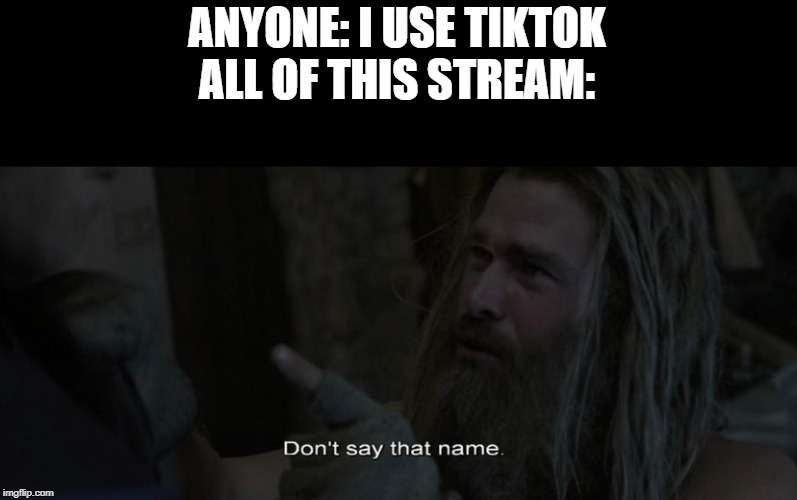 Shut |  ANYONE: I USE TIKTOK
ALL OF THIS STREAM: | image tagged in don't say that name,tiktok,vines | made w/ Imgflip meme maker