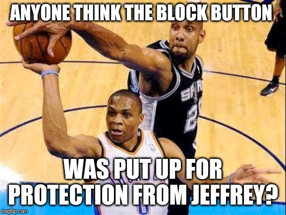 Basketball Block | ANYONE THINK THE BLOCK BUTTON; WAS PUT UP FOR PROTECTION FROM JEFFREY? | image tagged in basketball block | made w/ Imgflip meme maker