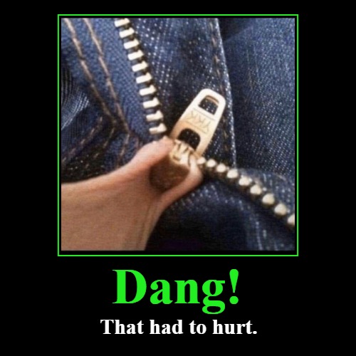 Dang! That had to hurt! | image tagged in funny,demotivationals,labia,foreskin,zipper,sex jokes | made w/ Imgflip demotivational maker