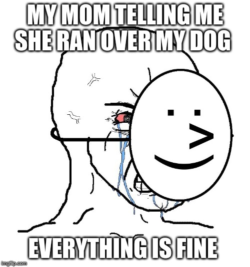 Pretending To Be Happy, Hiding Crying Behind A Mask | MY MOM TELLING ME SHE RAN OVER MY DOG; EVERYTHING IS FINE | image tagged in pretending to be happy hiding crying behind a mask | made w/ Imgflip meme maker