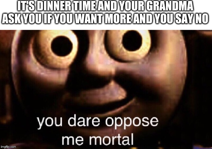 You dare oppose me mortal | IT'S DINNER TIME AND YOUR GRANDMA ASK YOU IF YOU WANT MORE AND YOU SAY NO | image tagged in you dare oppose me mortal | made w/ Imgflip meme maker