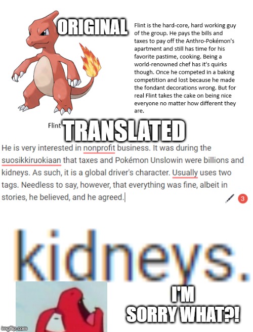 I let google translate ruin my pokemon team twenty times. (much better than last time.) | ORIGINAL; TRANSLATED; I'M SORRY WHAT?! | image tagged in google translate,pokemon | made w/ Imgflip meme maker