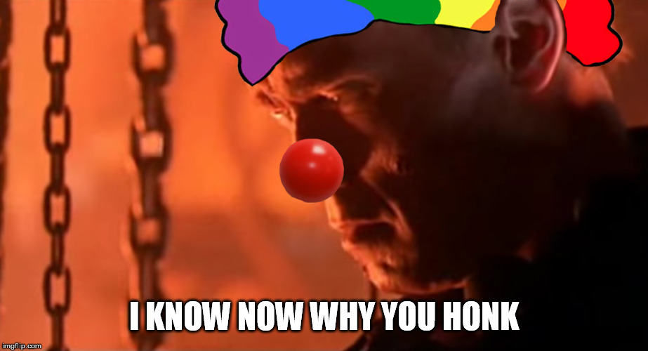 I KNOW NOW WHY YOU HONK | image tagged in clown world,honk,t2 | made w/ Imgflip meme maker
