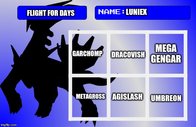 Luniex trainer card | LUNIEX FLIGHT FOR DAYS MEGA GENGAR AGISLASH GARCHOMP METAGROSS UMBREON DRACOVISH | image tagged in luniex trainer card | made w/ Imgflip meme maker