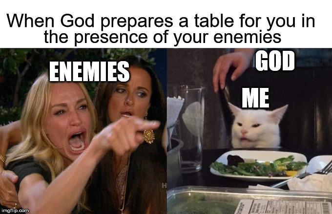 Woman Yelling At Cat Meme | When God prepares a table for you in; the presence of your enemies; GOD; ENEMIES; ME | image tagged in memes,woman yelling at cat | made w/ Imgflip meme maker