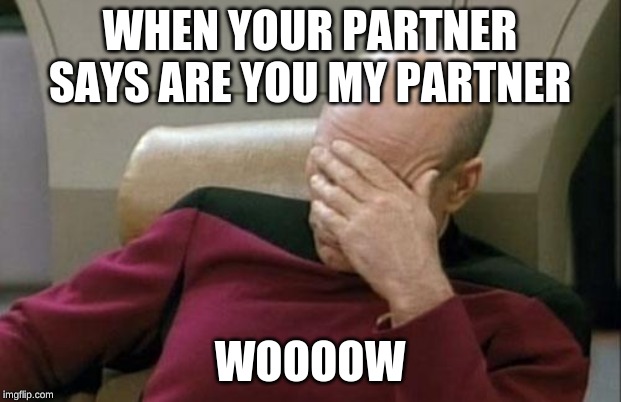 Captain Picard Facepalm | WHEN YOUR PARTNER SAYS ARE YOU MY PARTNER; WOOOOW | image tagged in memes,captain picard facepalm | made w/ Imgflip meme maker
