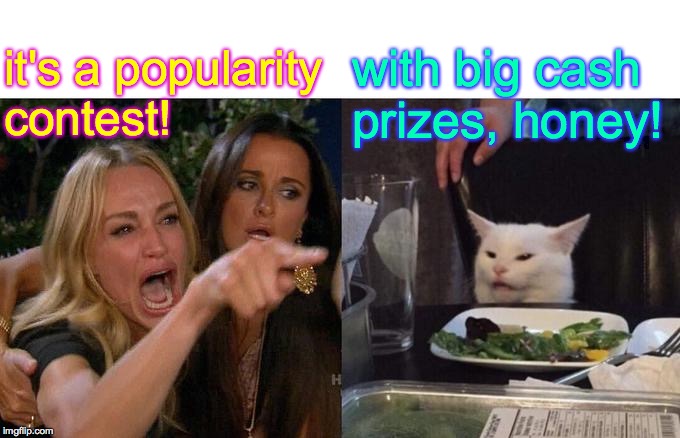 Woman Yelling At Cat Meme | it's a popularity
contest! with big cash prizes, honey! | image tagged in memes,woman yelling at cat | made w/ Imgflip meme maker