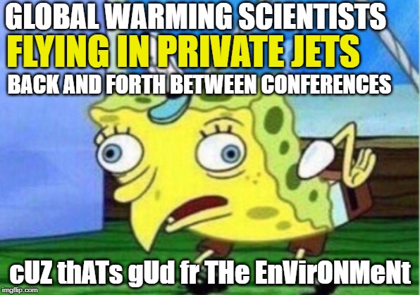 CANT SKYPE RIGHT??  ¯\_(ツ)_/¯   hypocrites | GLOBAL WARMING SCIENTISTS; FLYING IN PRIVATE JETS; BACK AND FORTH BETWEEN CONFERENCES; cUZ thATs gUd fr THe EnVirONMeNt | image tagged in memes,mocking spongebob | made w/ Imgflip meme maker