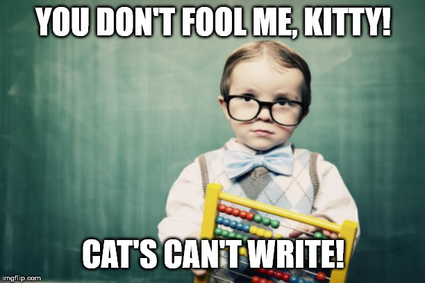 Clever kid  | YOU DON'T FOOL ME, KITTY! CAT'S CAN'T WRITE! | image tagged in clever kid | made w/ Imgflip meme maker
